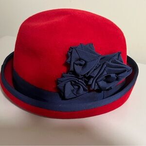 Madeleine Arsenault Red and Navy Hat with Floral Detail Handmade